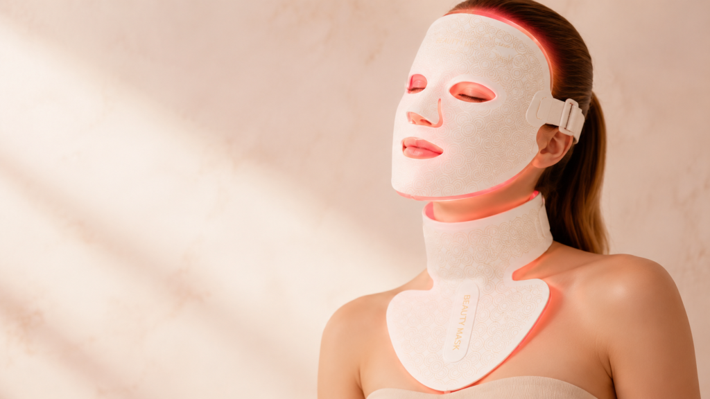 Man sieht eine Frau mit LED Beauty-Maske.
